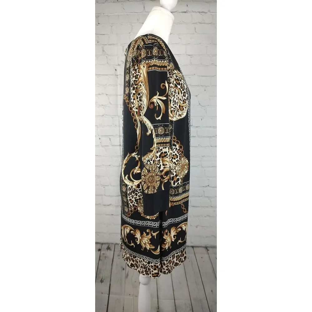 Shift Dress Baroque Leopard Print Long Sleeve Party Cocktail Dress - Picture 2 of 7